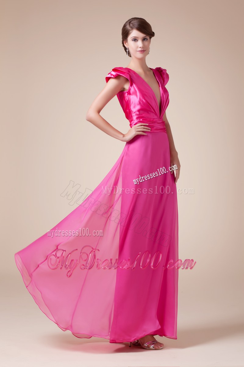 Exquisite V-neck Column / Sheath Long Prom Dress With Cap Sleeves