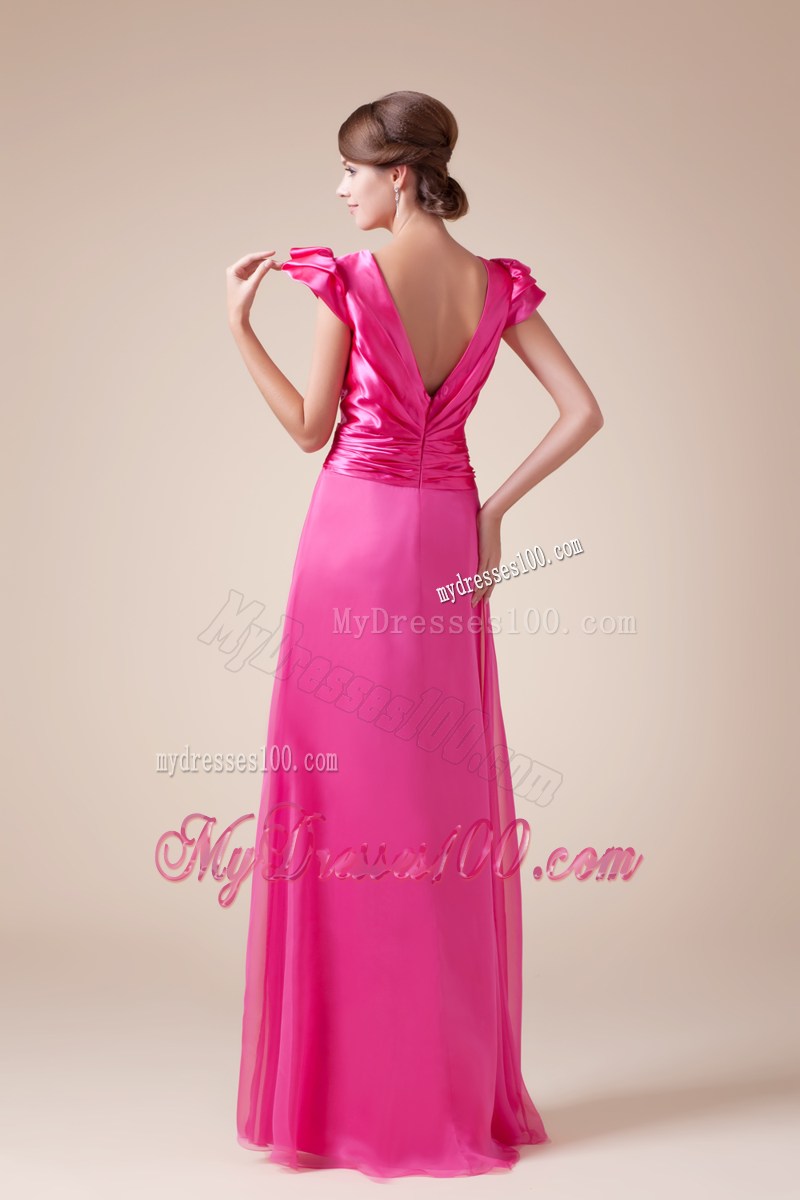 Exquisite V-neck Column / Sheath Long Prom Dress With Cap Sleeves