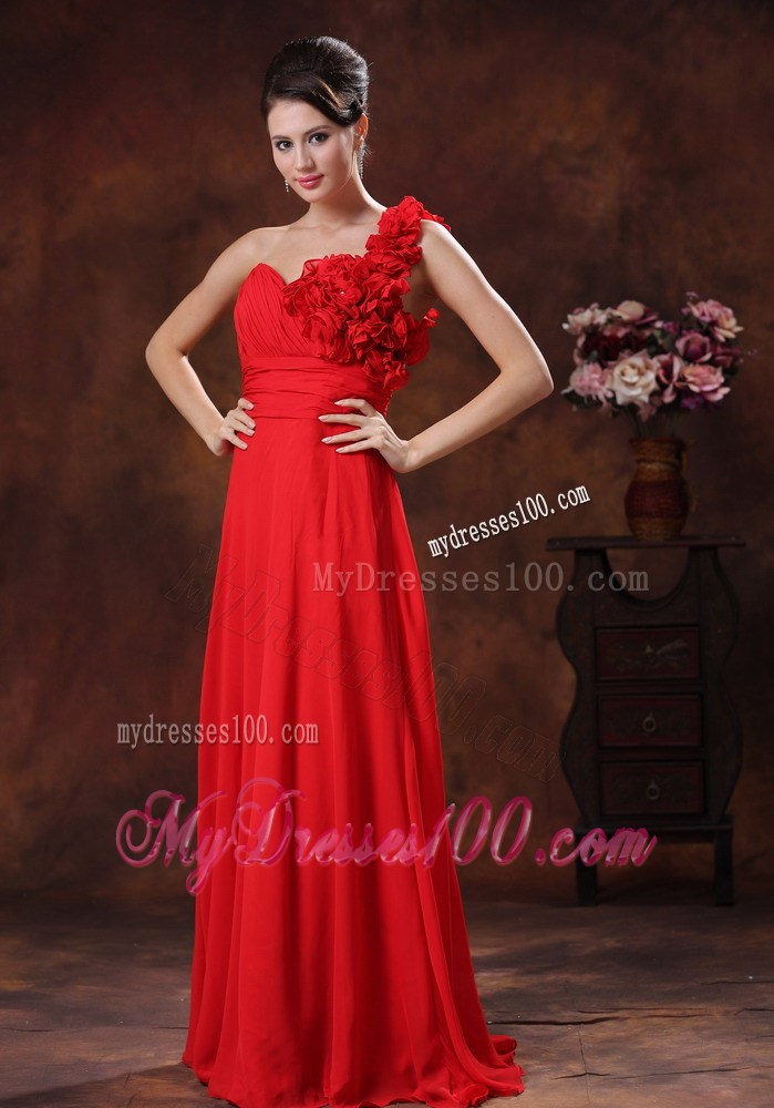 2013 Summer Empire Flowers Decorate Shoulder Red Prom Dresses