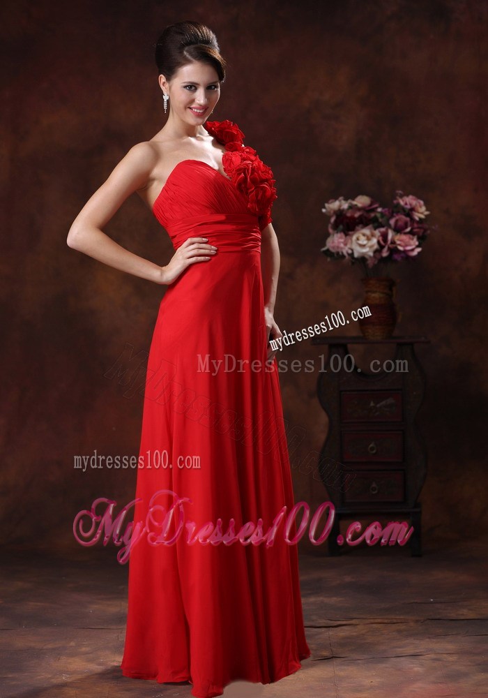 2013 Summer Empire Flowers Decorate Shoulder Red Prom Dresses