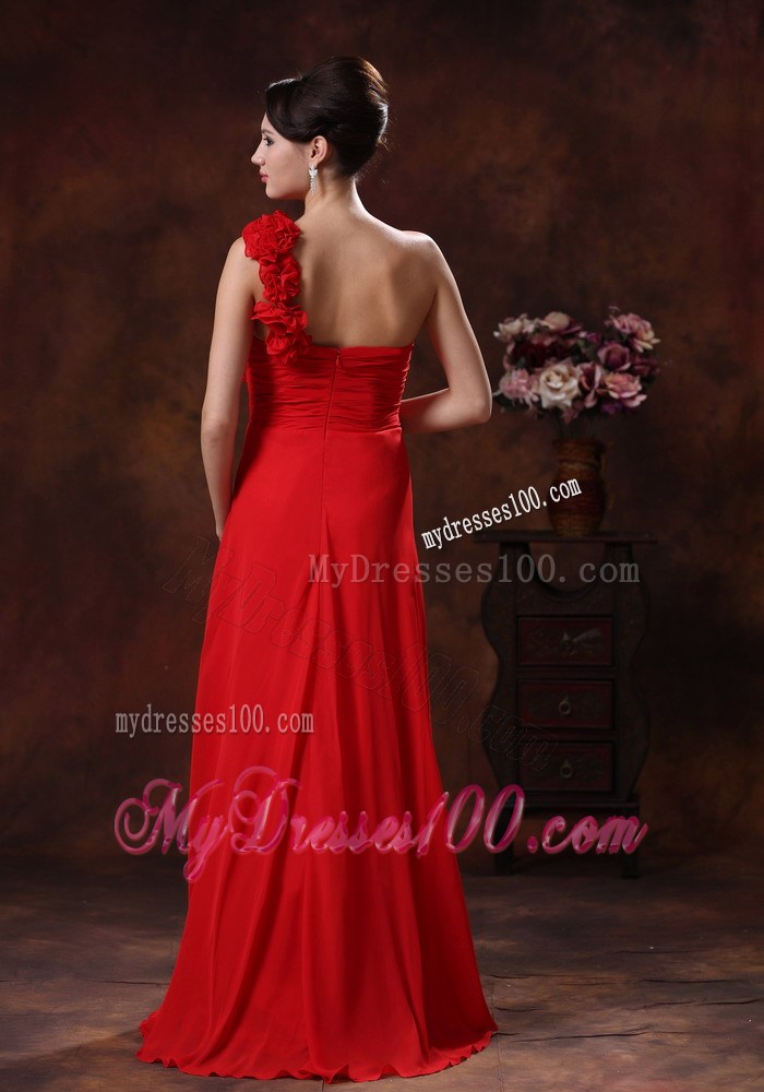 2013 Summer Empire Flowers Decorate Shoulder Red Prom Dresses