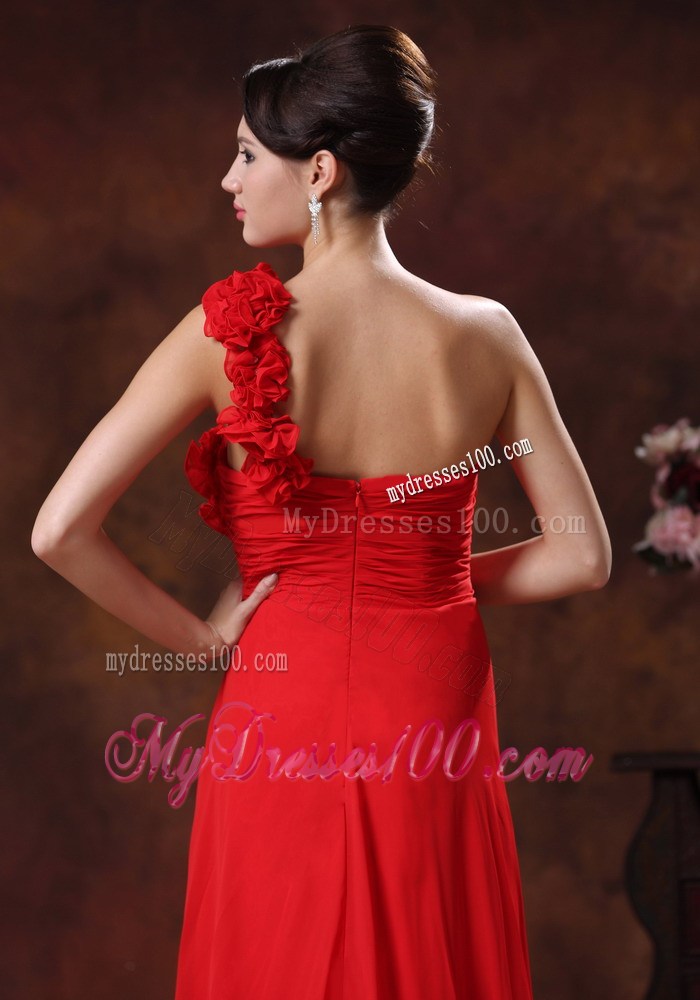 2013 Summer Empire Flowers Decorate Shoulder Red Prom Dresses