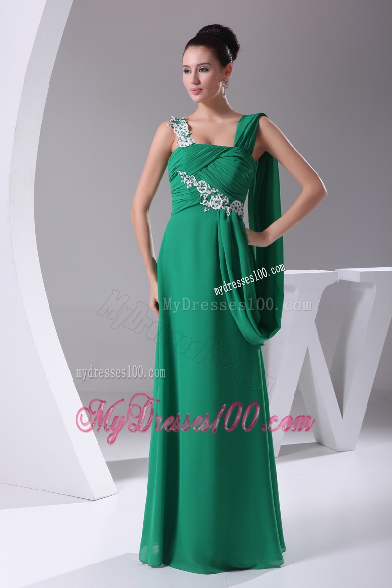 Green One Shoulder Appliques Ruching Empire Long Prom Dresses