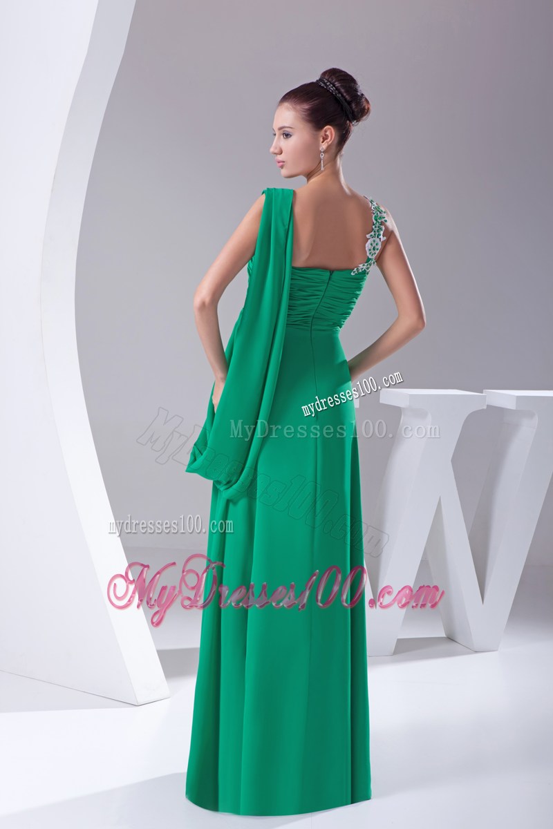 Green One Shoulder Appliques Ruching Empire Long Prom Dresses