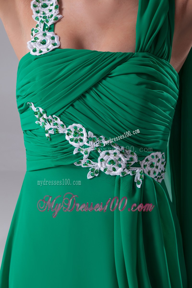Green One Shoulder Appliques Ruching Empire Long Prom Dresses