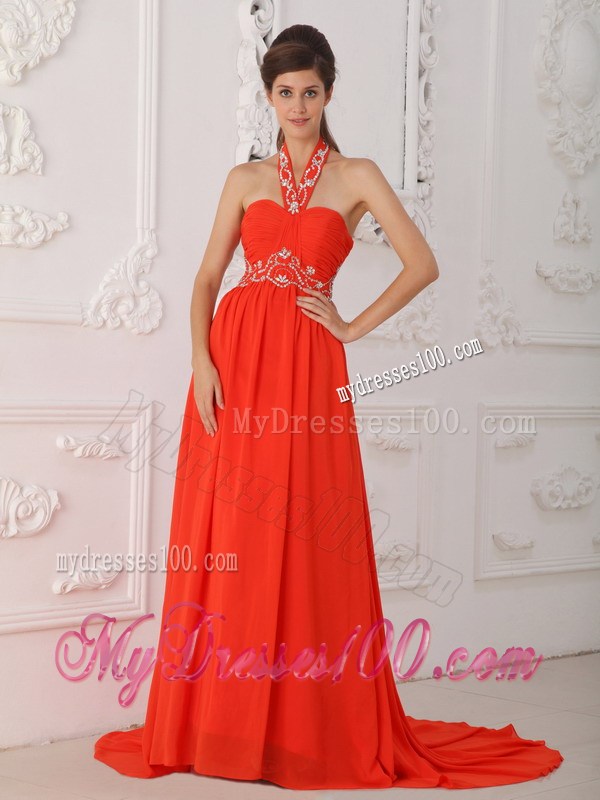 Red Empire Halter Court Train Beading Red Prom Evening Dresses
