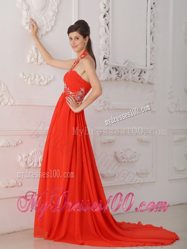 Red Empire Halter Court Train Beading Red Prom Evening Dresses