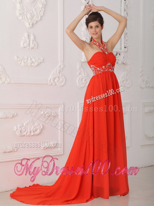 Red Empire Halter Court Train Beading Red Prom Evening Dresses