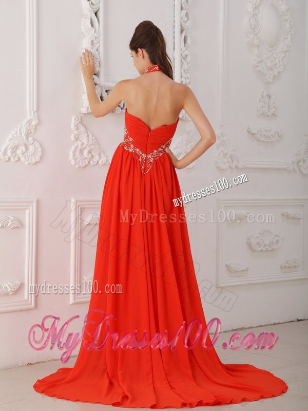 Red Empire Halter Court Train Beading Red Prom Evening Dresses