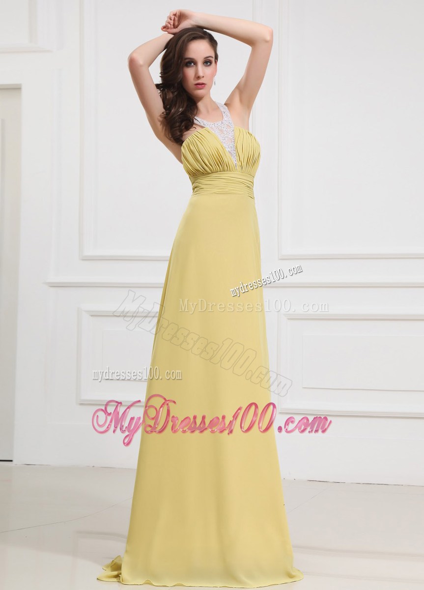 Halter Column Yellow Floor-length 2013 Prom Dress With Criss Cross