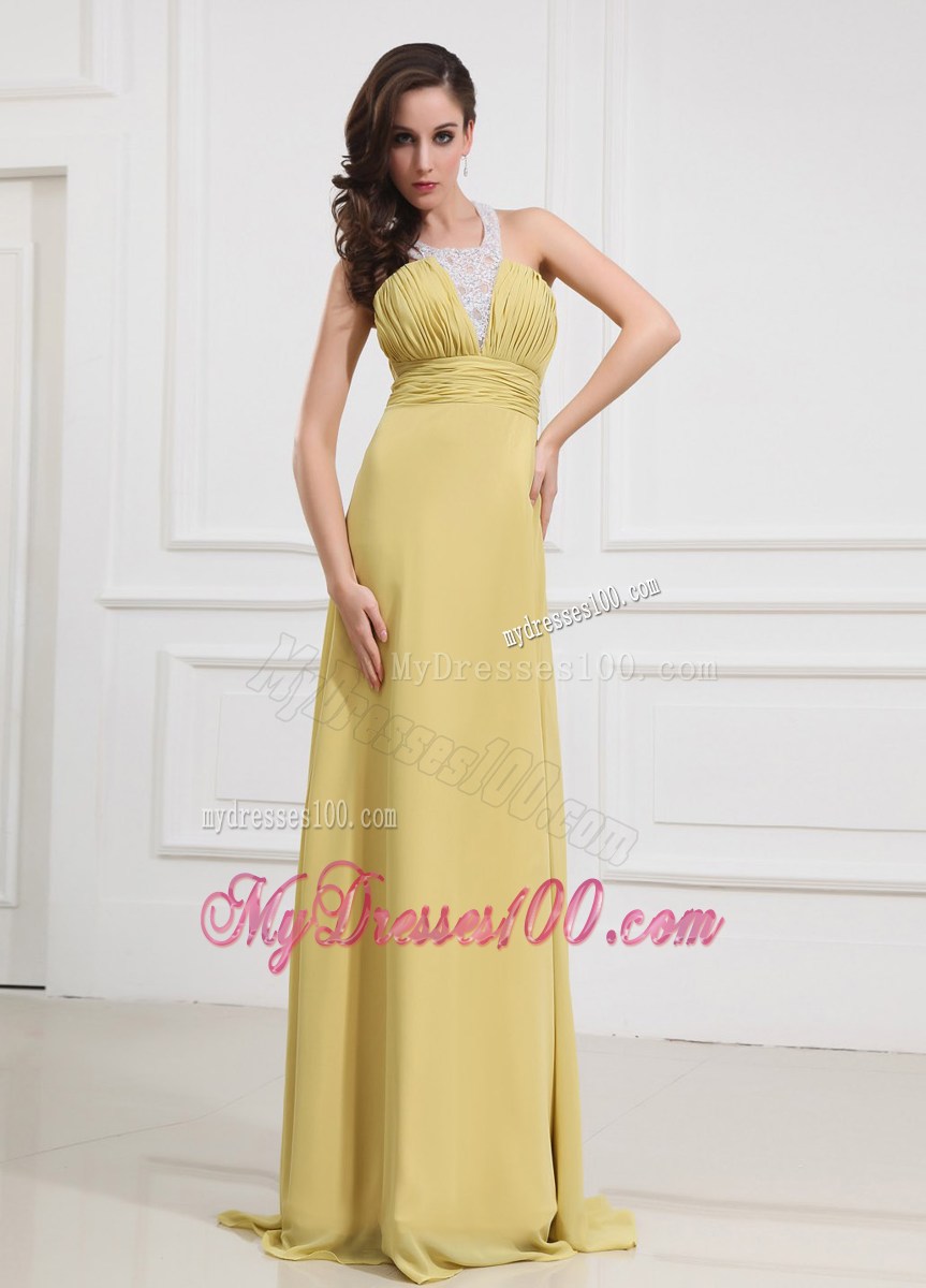 Halter Column Yellow Floor-length 2013 Prom Dress With Criss Cross