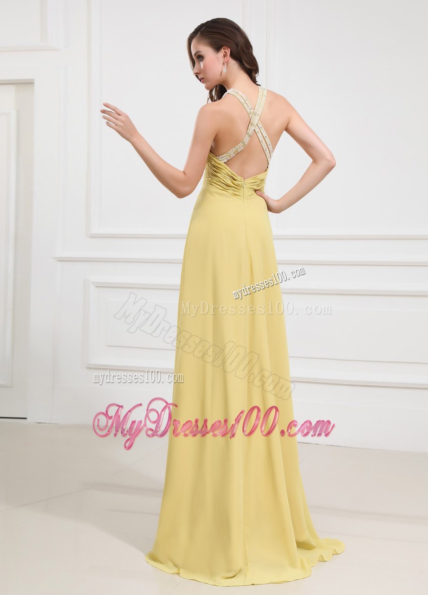 Halter Column Yellow Floor-length 2013 Prom Dress With Criss Cross
