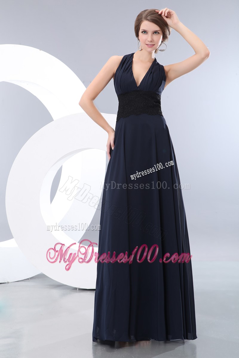 Elegant Navy Blue Empire Halter Lace Black Prom Dress Floor-length