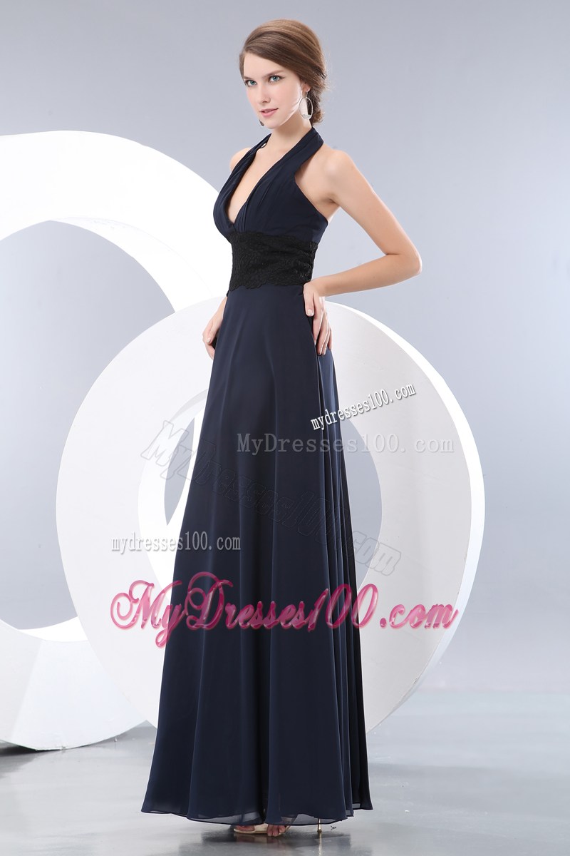 Elegant Navy Blue Empire Halter Lace Black Prom Dress Floor-length