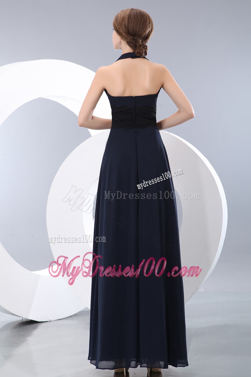 Elegant Navy Blue Empire Halter Lace Black Prom Dress Floor-length