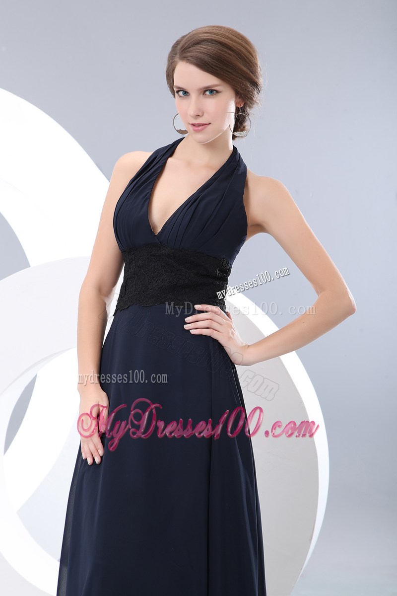 Elegant Navy Blue Empire Halter Lace Black Prom Dress Floor-length