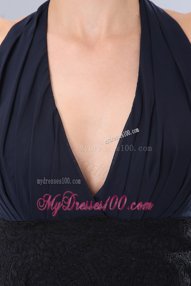 Elegant Navy Blue Empire Halter Lace Black Prom Dress Floor-length