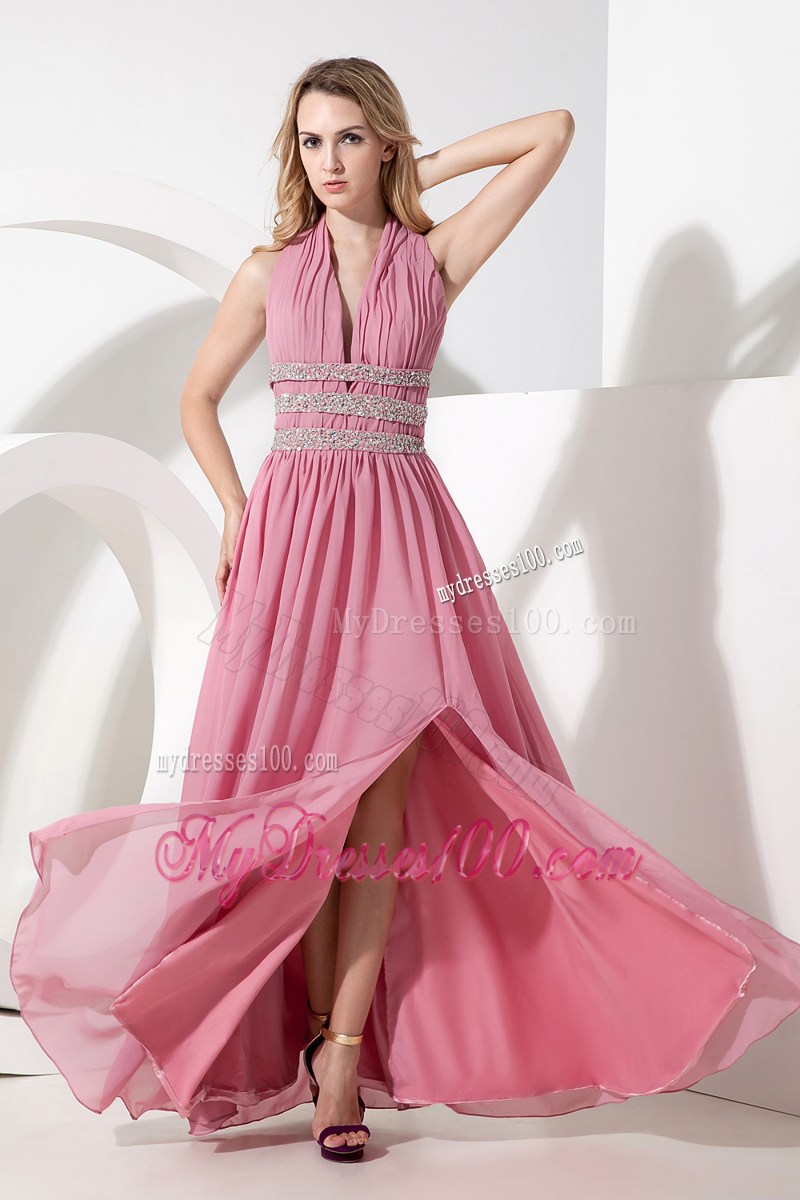 Rose Pink Empire Halter 2013 Cheap Prom Dress Beading Floor-length