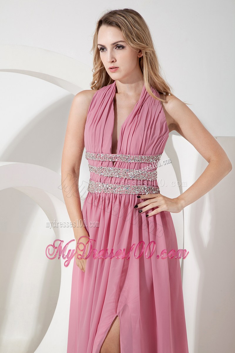 Rose Pink Empire Halter 2013 Cheap Prom Dress Beading Floor-length