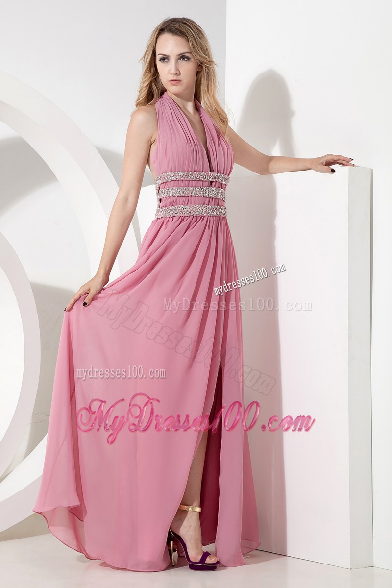 Rose Pink Empire Halter 2013 Cheap Prom Dress Beading Floor-length