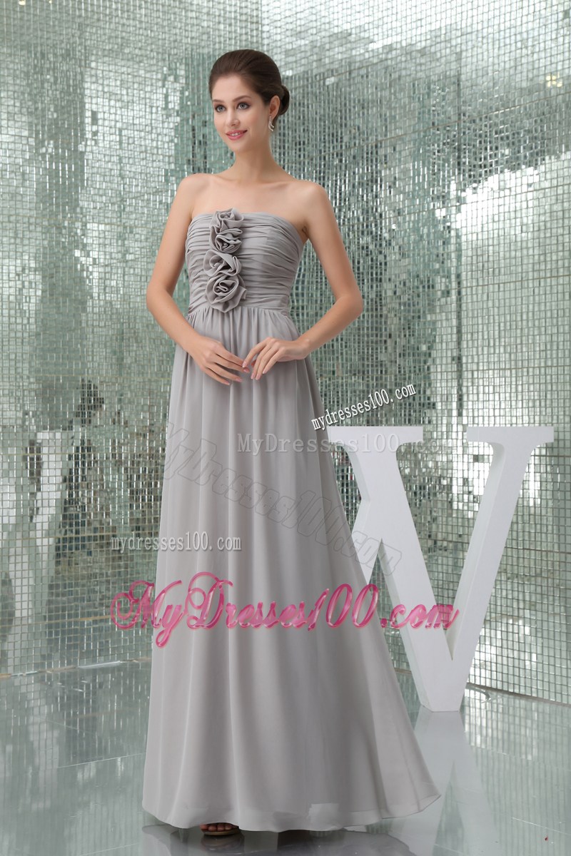 Hand Made Flowers Gray Strapless Empire Long Prom Dress