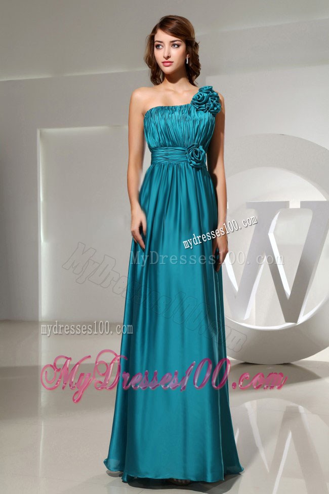 Hand Made Flower One Shoulder Empire Teal Long Formal Prom Dress