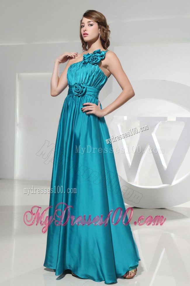 Hand Made Flower One Shoulder Empire Teal Long Formal Prom Dress
