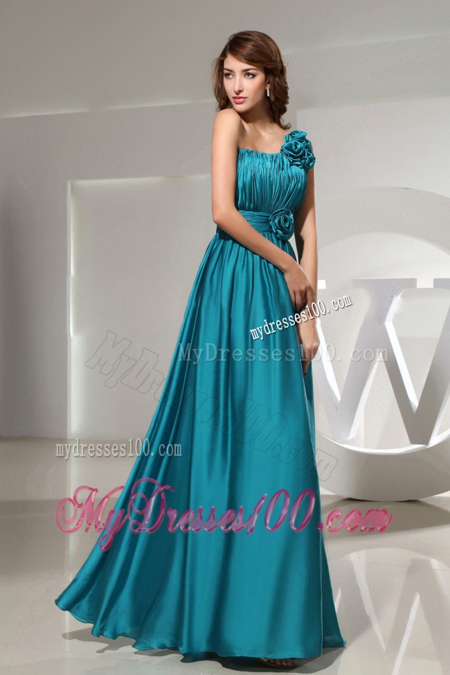 Hand Made Flower One Shoulder Empire Teal Long Formal Prom Dress