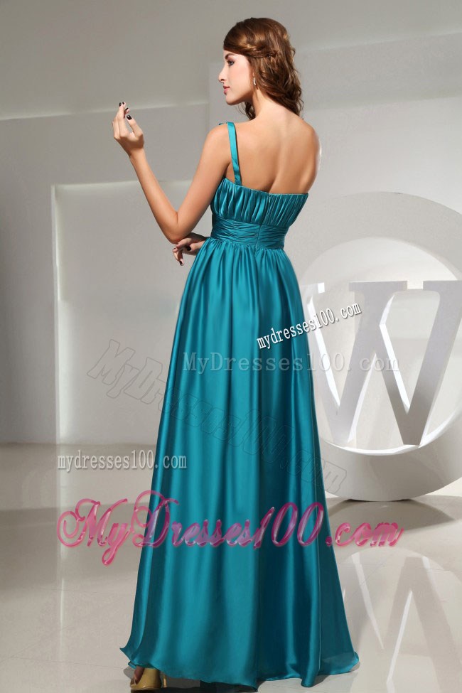 Hand Made Flower One Shoulder Empire Teal Long Formal Prom Dress