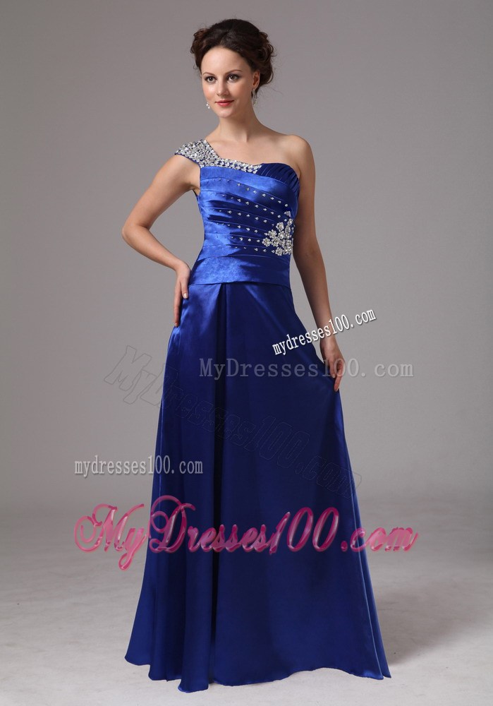 Custom Made Royal Blue Beaded One Shoulder Ruched Prom Dress
