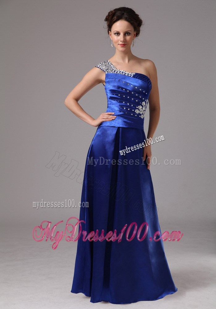 Custom Made Royal Blue Beaded One Shoulder Ruched Prom Dress
