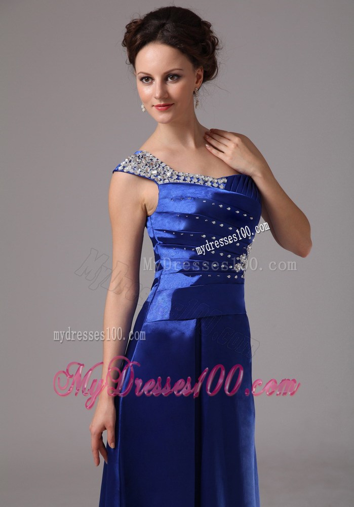 Custom Made Royal Blue Beaded One Shoulder Ruched Prom Dress