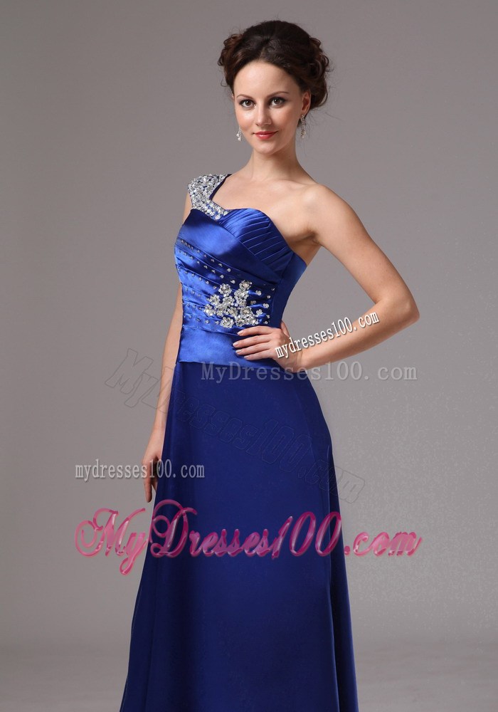 Custom Made Royal Blue Beaded One Shoulder Ruched Prom Dress