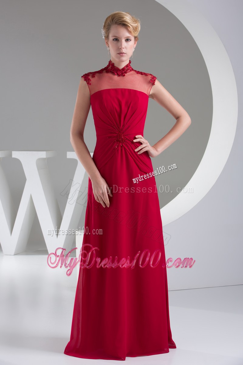 High Neck Appliques Column Empire Long Prom Dress