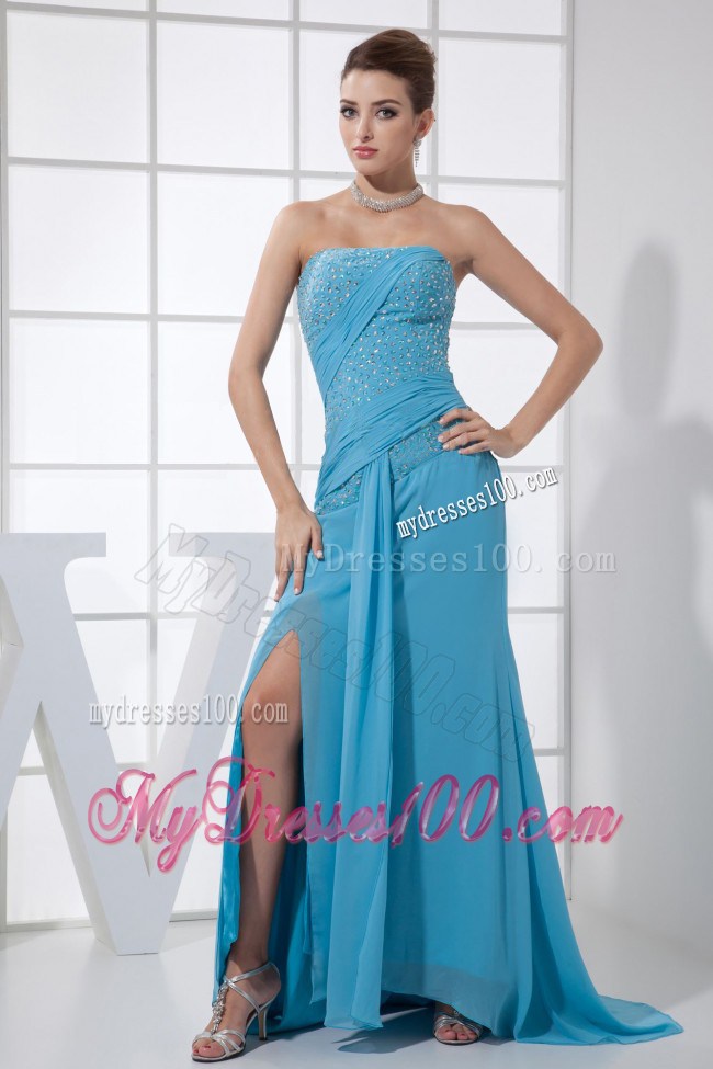 Discount High Slit Beading Strapless Brush Train Blue 2013 Prom Dress