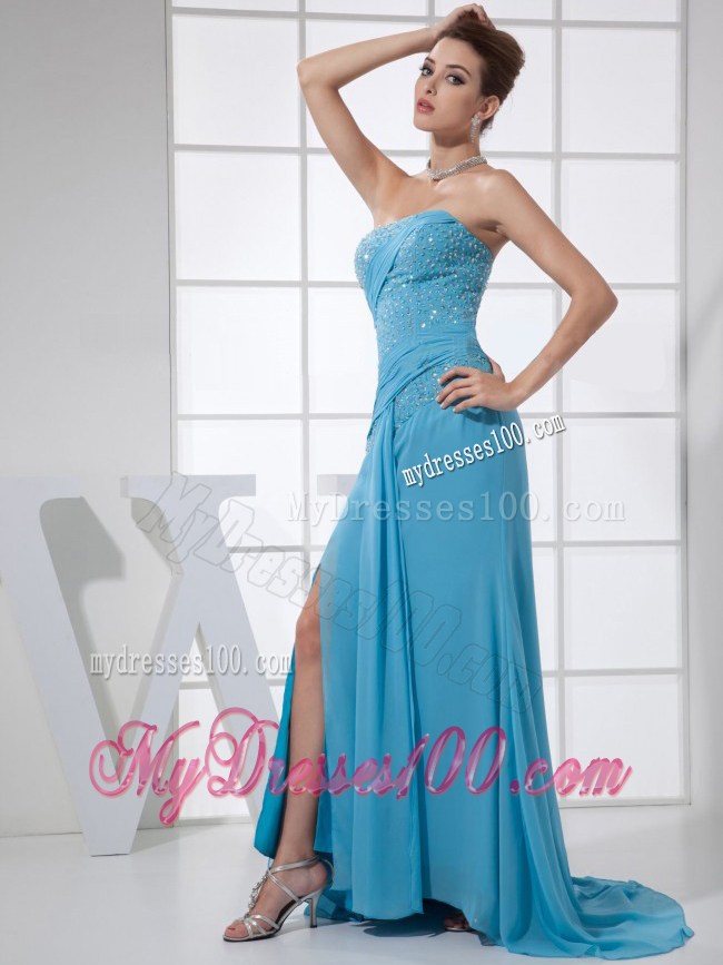 Discount High Slit Beading Strapless Brush Train Blue 2013 Prom Dress