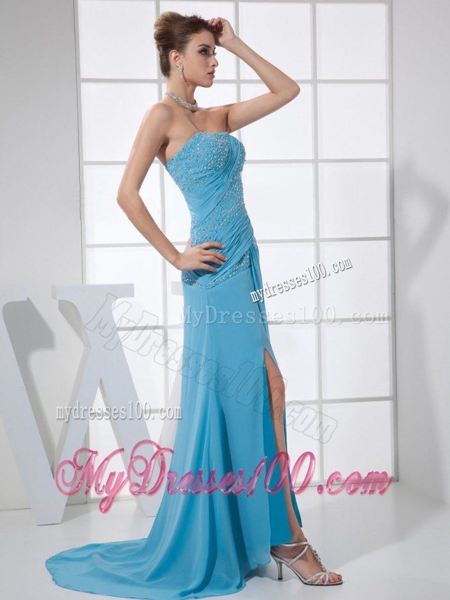 Discount High Slit Beading Strapless Brush Train Blue 2013 Prom Dress