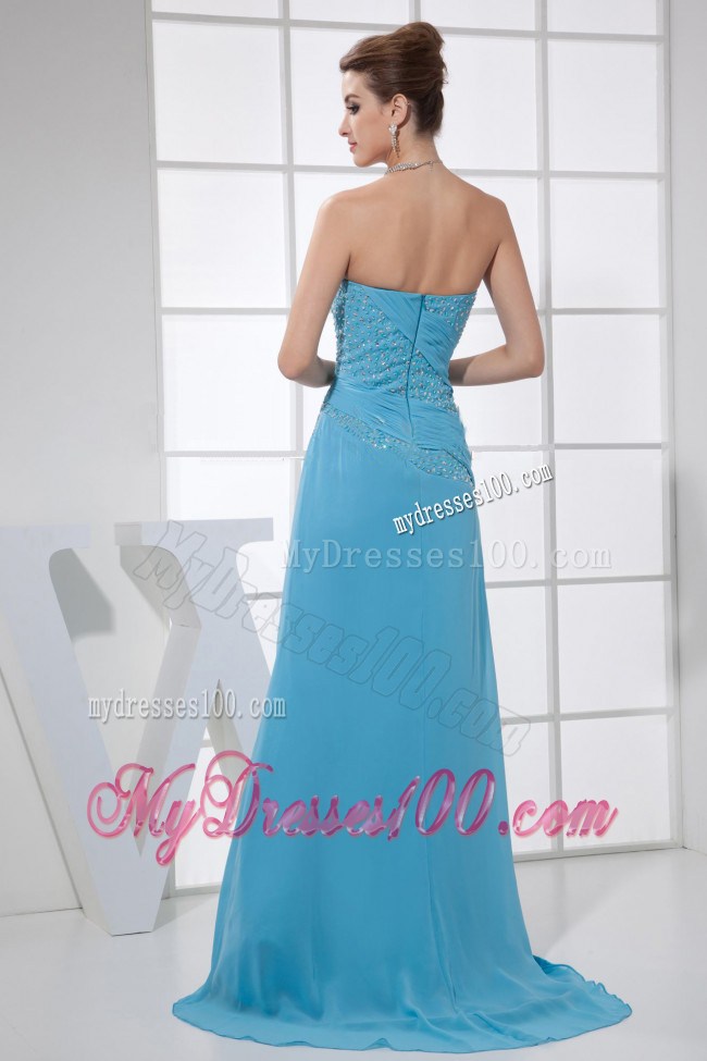 Discount High Slit Beading Strapless Brush Train Blue 2013 Prom Dress