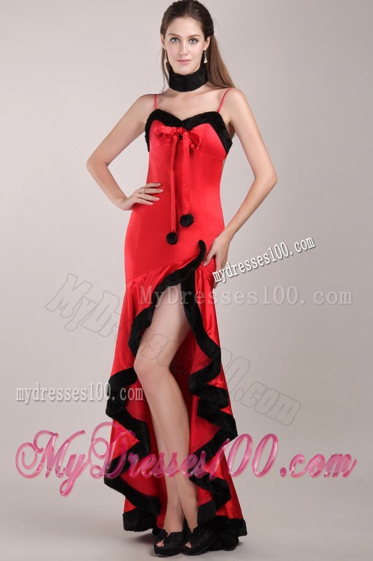 Red and Black Column Straps High-low Beading Prom Dress