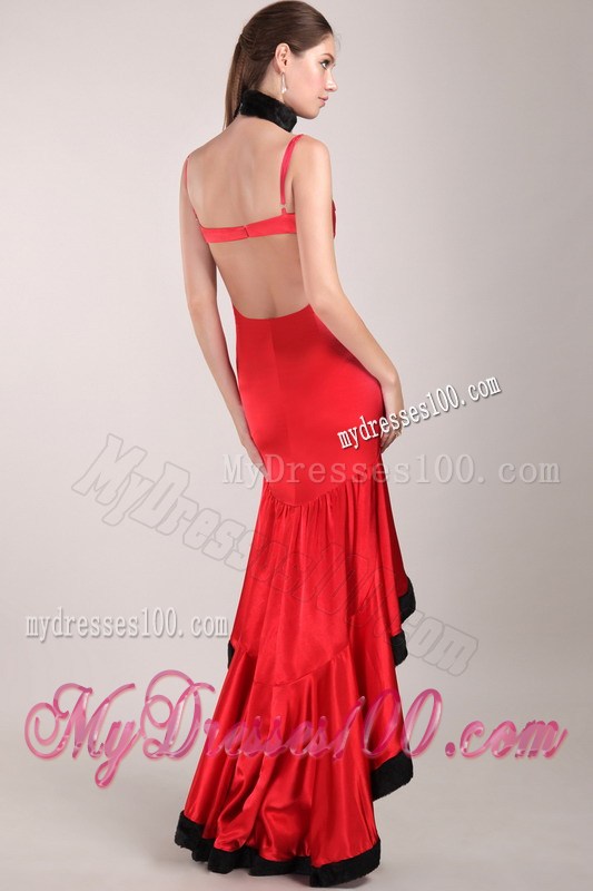 Red and Black Column Straps High-low Beading Prom Dress