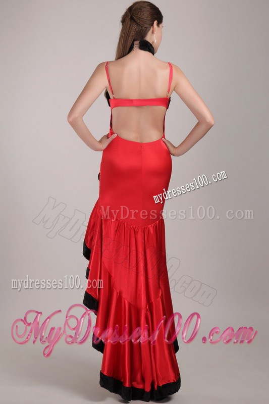 Red and Black Column Straps High-low Beading Prom Dress