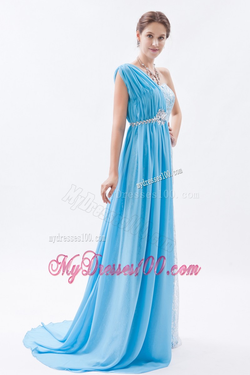 Baby Blue Empire One Shoulder Prom Dress Lace Beading Brush Train