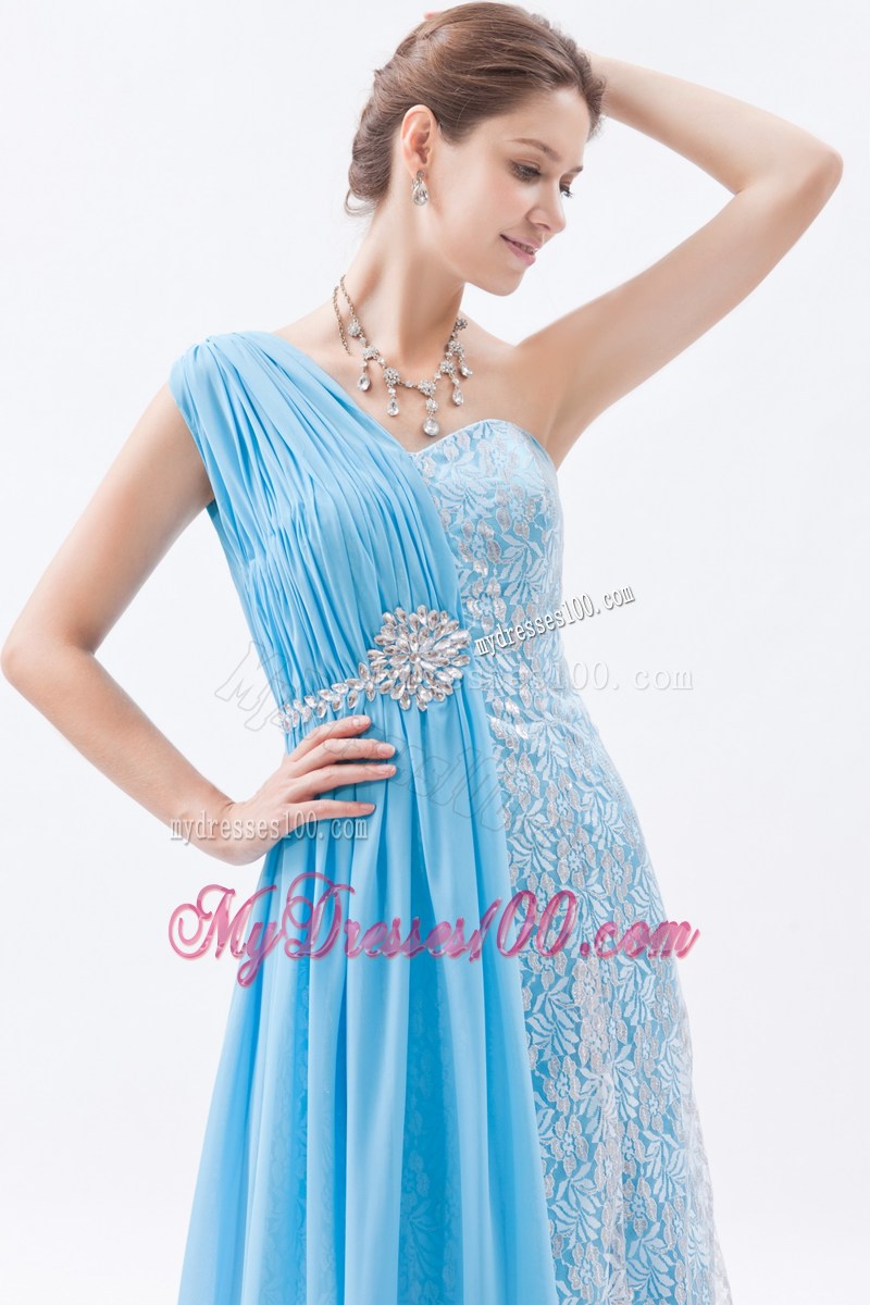 Baby Blue Empire One Shoulder Prom Dress Lace Beading Brush Train