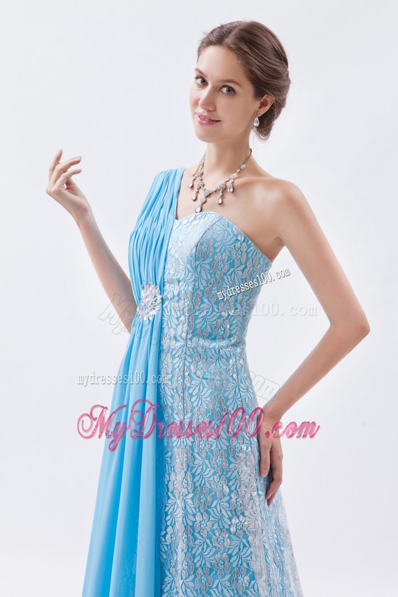 Baby Blue Empire One Shoulder Prom Dress Lace Beading Brush Train