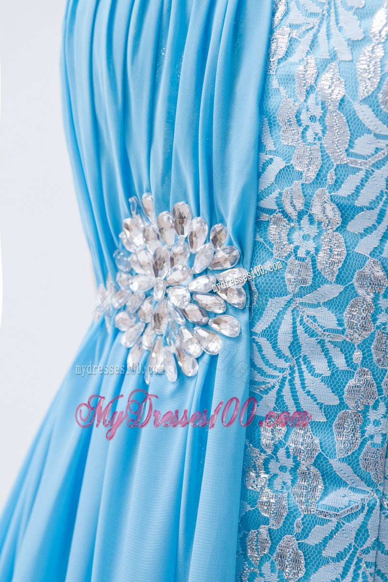 Baby Blue Empire One Shoulder Prom Dress Lace Beading Brush Train