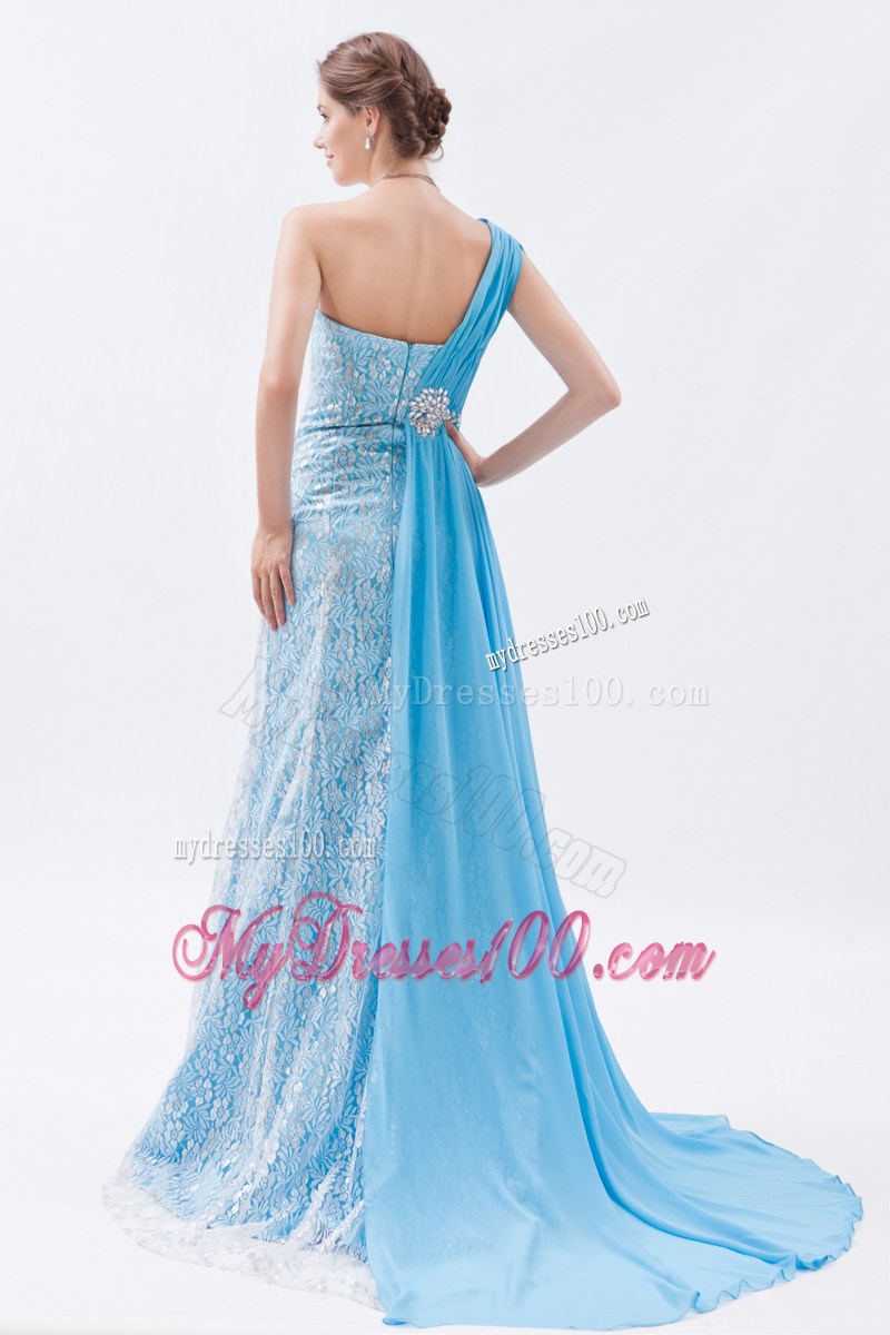 Baby Blue Empire One Shoulder Prom Dress Lace Beading Brush Train