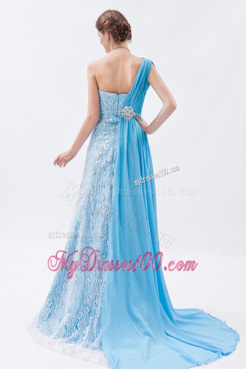 Baby Blue Empire One Shoulder Prom Dress Lace Beading Brush Train