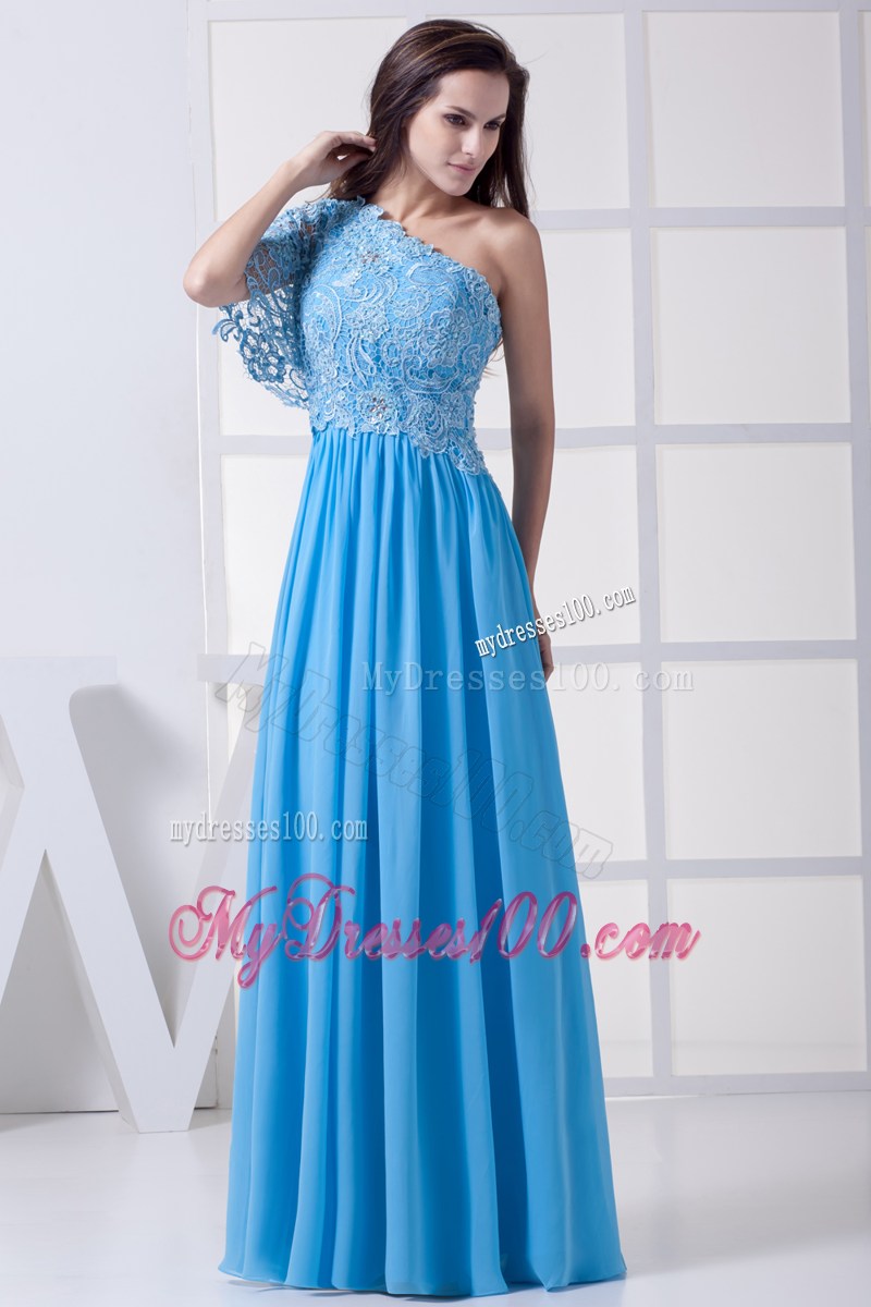 Discount Lace Column One Shoulder Long Baby Blue 2013 Prom Dress