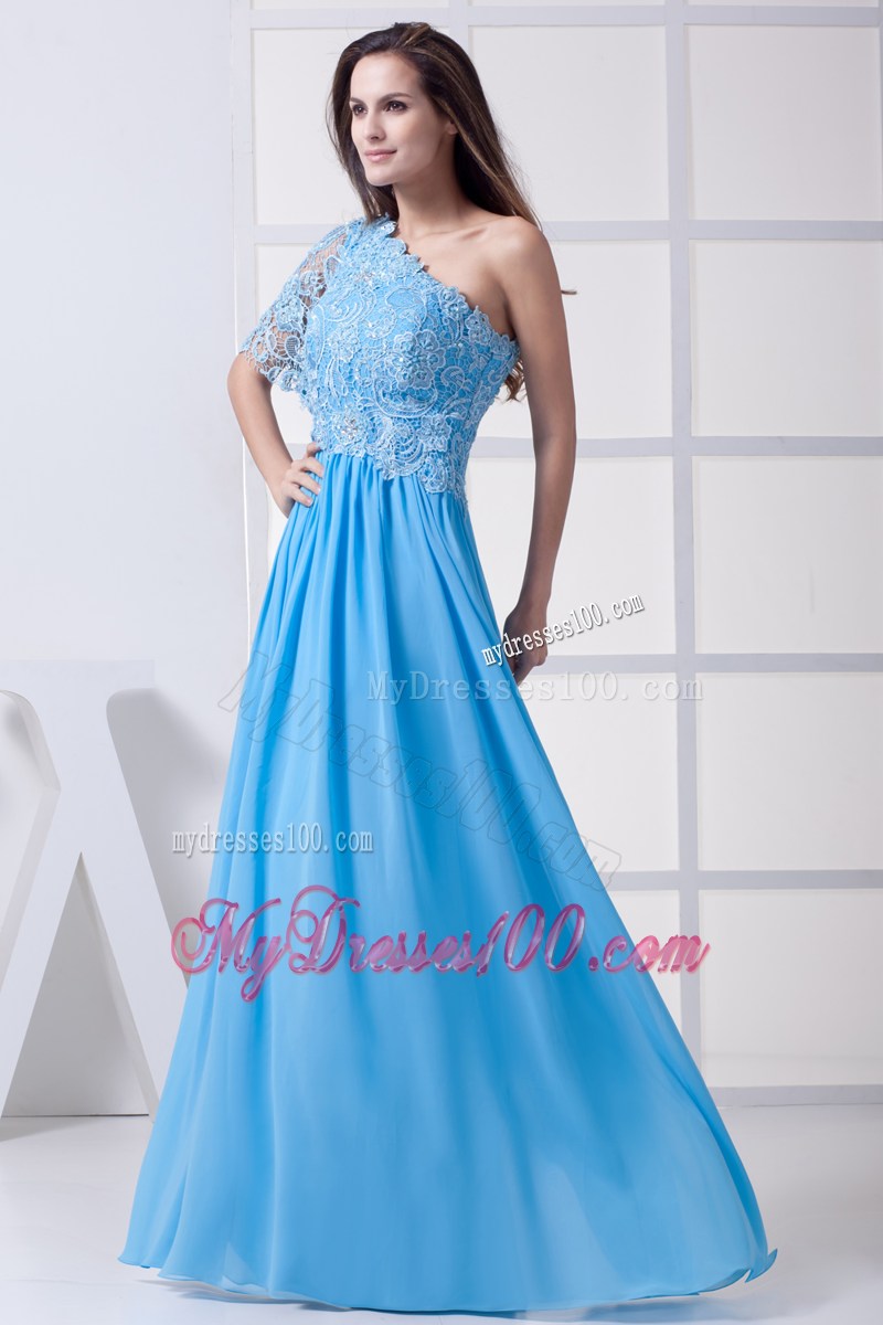 Discount Lace Column One Shoulder Long Baby Blue 2013 Prom Dress