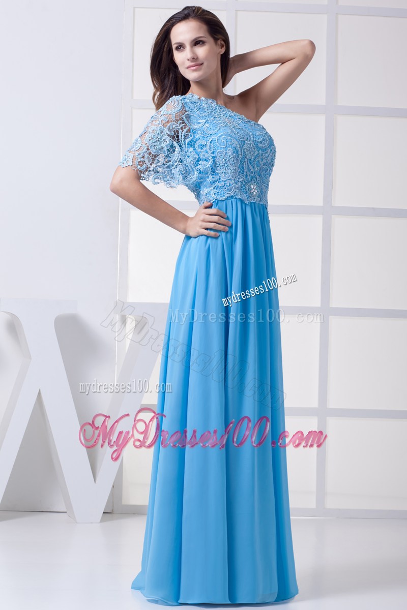 Discount Lace Column One Shoulder Long Baby Blue 2013 Prom Dress